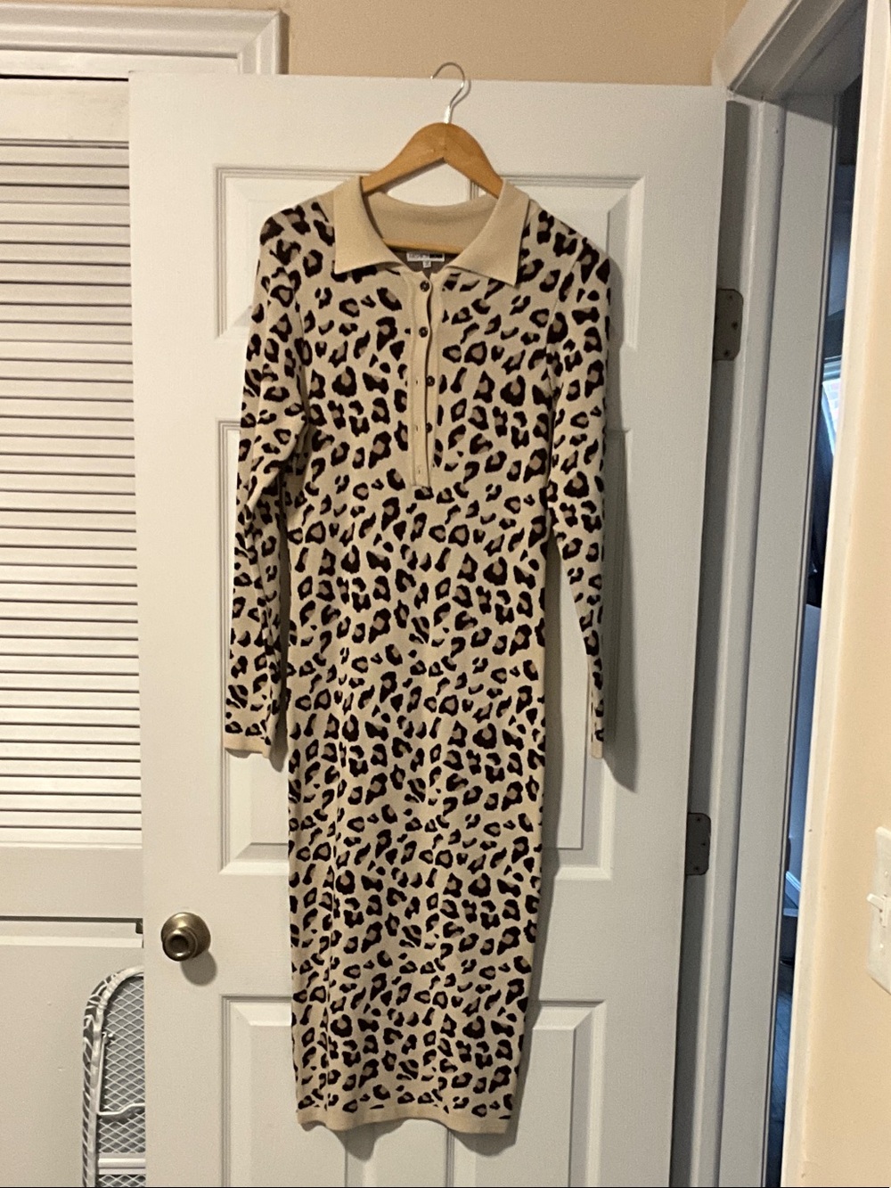 Leopard Print Long Sleeve Polo Knit Dress - Beige
